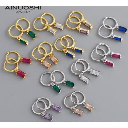AINUOSHI Personalise Multicolor Lad Created Diamond Rectangle Stud Earrings For Women 925 Silver Exquisite Jewelry Gift