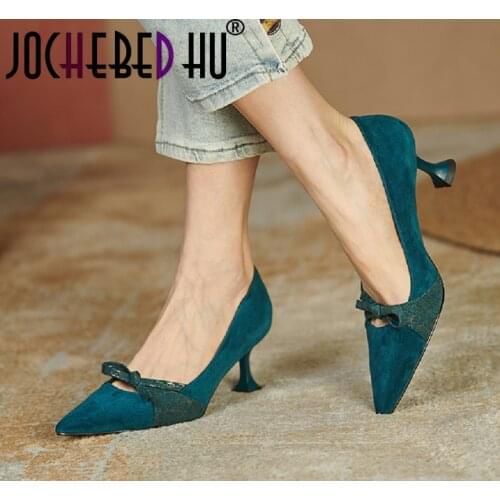 【JOCHEBED HU】Top Quality Women Shoes Butterfly Knot High Heels Pumps Spring Autumn Suede Leather Pointed Toe Shoes For Women New