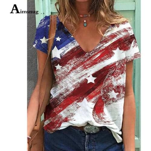 Plus Size 3xl Ladies Elegant Leisure Casual T-shirt Flag Stripe Print V-neck Loose Womens Top Clothing 2021 Summer Tees Shirt