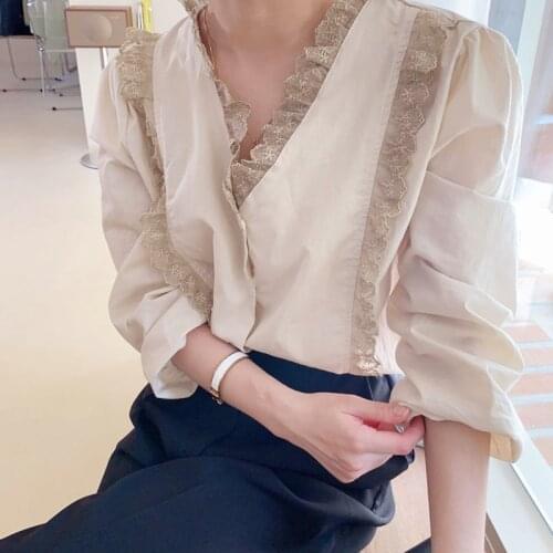 Women Spring Long Sleeve Lace V Neck Cotton Blouse Vintage Elegant Single Breasted Casual Cardigan Tops Sweet Shirt