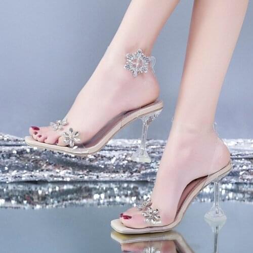 Womens Square Toe Sandals 2021 Ladies Goblet Pupms Diamond Shoes Summer Ladies Transparent Fashiona Elegant Thin High Heels