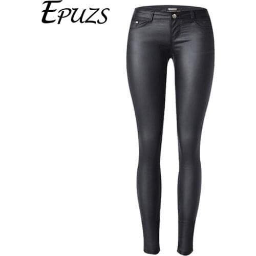Low waist women leather pants jeans sexy stretch elastic Faux leather jeans slim skinny pencil pants washed coated jeans 2019