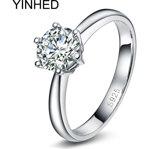 YINHED Classic 6 Claws 2ct Zircon CZ Diamant Wedding Rings for Women Pure 925 Sterling Silver Engagement Ring Jewelry ZR114