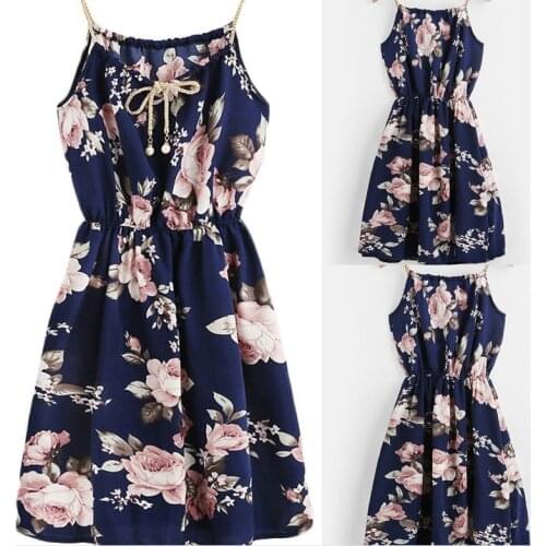 Womens Dress Summer 2021 Sexy Suspender Binding Waist A-line Dress Woven Beaded Rope Decorate Printed Mini Dresses Vestidos