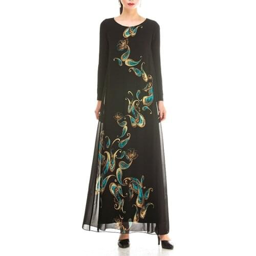 Ladies Cherry Floral Printing Fashion Long Sleeve Chiffon Muslim Maxi Dress Islamic Arab Saudi Abaya Dress for Women