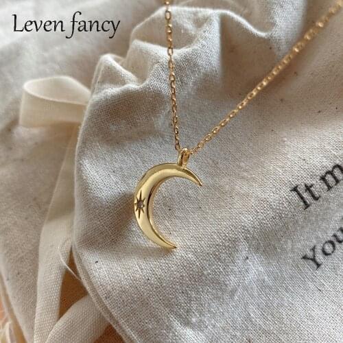 LEVEN FANCY Gold 925 Sterling Silver Mystic Crescent Necklace CZ Star Inlay Half Moon Tusk Necklace Valentines Day Gift for Her