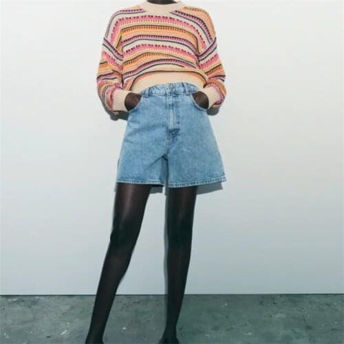 ZXQJ Women 2021 Fashion Striped Loose Crop Knit Sweater Vintage O Neck Long Sleeve Pullovers Chic Tops