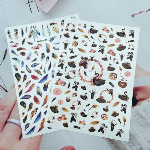 3d DIY Japanese Style Back Adhesive Glue Nail Stickers Balck Swan & Feathers Serious Fingernail Decals Dry Manicure Hand Decor