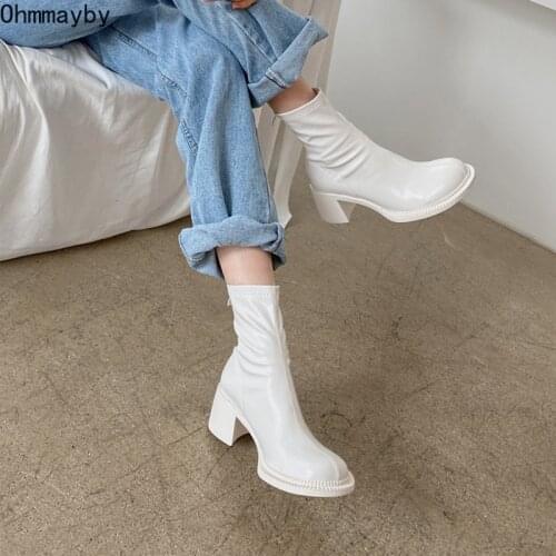 Women Ankle Boots Woman Square High Heel Fashion Zipper Womens Shoes 2021 Autumn Winter Soft Leather White Short Female Booties