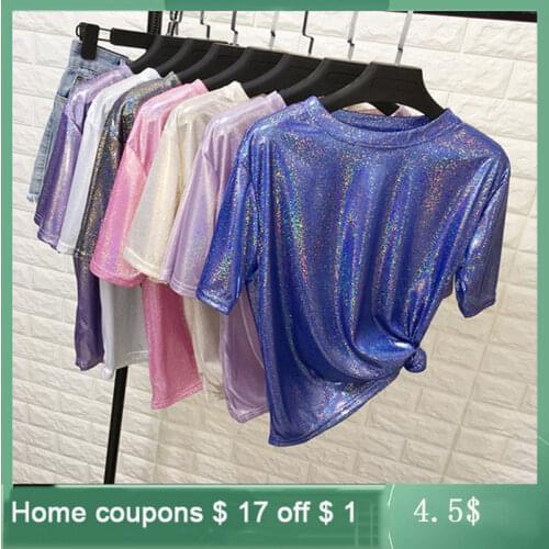 New summer retro style stylish bright silk woman tops shiny loose short sleeve t-shirt sexy club aesthetic harajuku women tshirt