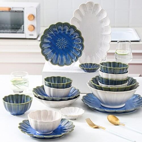 Kiln Turned Blue Chrysanthemum Ceramic Tableware Household Ceramic Plate Fish Plate Creative Japanese Retro Chrysanthemum Dish