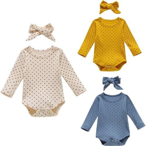0-24M Newborn Baby Boy Girl Long Sleeve Polka Dot Cotton Bodysuit Jumpsuit Headband 2PCS Baby Clothes