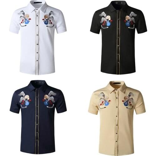 Mens Fashion Western Denim Shirt Embroidered Denim Short Sleeve Sleeve Casual Button Shirt