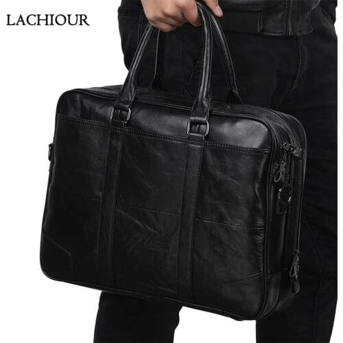 Lachiour Genuine Leather Briefcase High Qaulity Men Real Cowhide Leather Handbags Male Business Office A4 Laptop Bag Travel Tote