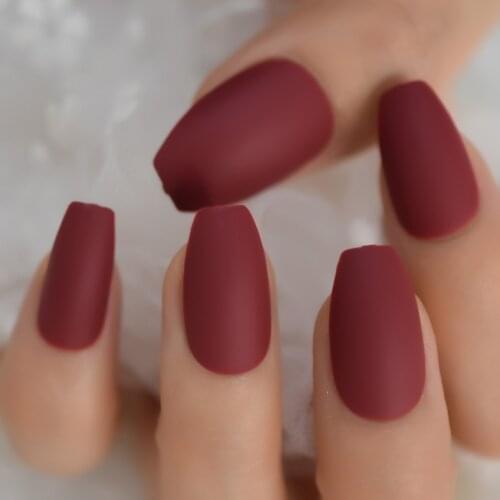 Dark Red Matte Frosted Coffin Ballerina Press on Easy Wear Women Fake False Fake Nails for Home Office with Adhesive Tape