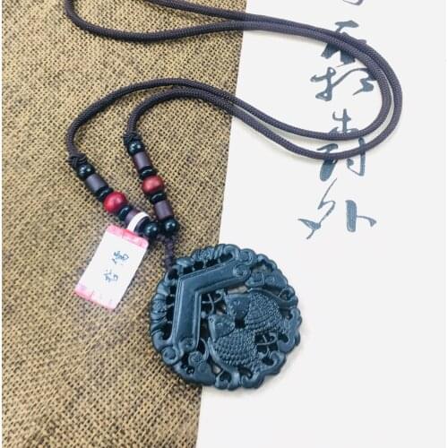 Zheru natural and Tian Moyu carved hollow fish pendant with sandalwood beads necklace beautiful men and women sweater chain