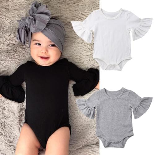 Newborn Infant Baby Girl Flared Sleeve Bodysuit Solid Color Round Collar Jumpsuits Infant Long Sleeve Plain Bodysuits
