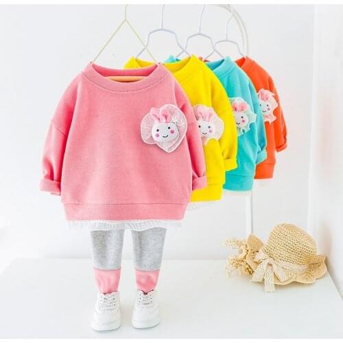 0-4 years old autumn and winter new fashion girl cartoon rabbit long sleeve set baby cotton sweet lace two piece set