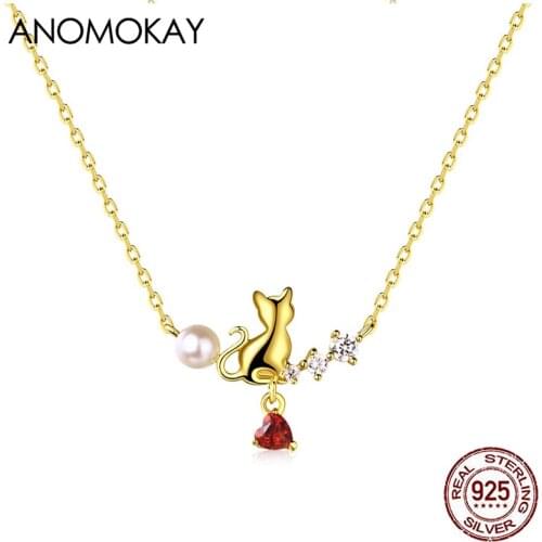 Anomokay Cute Cat with Rose Red Heart Gold Color Necklace for Women Jewelry Gift 925 Silver Pearl Necklace with White Zircon