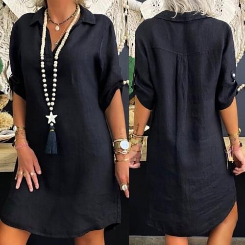 Fashion Sexy Women Loose Dress Streetwear Beach Holiday Dress Plus Size Solid Cotton Linen Turn Down Collar Shirt Dress Vestidos