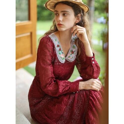 Dresses Women Dress Spring Summer Vintage Elegant Slim Exquisite Embroidery Midi Dress Korean Fashion Party Wine Red Dresses