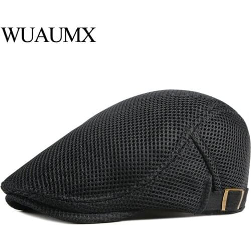 Wuaumx 2020 Casual Mesh Beret Hat Men Women Spring Summer Visors Net Breathable Herringbone Flat Cap Solid Peaked Cap Casquette