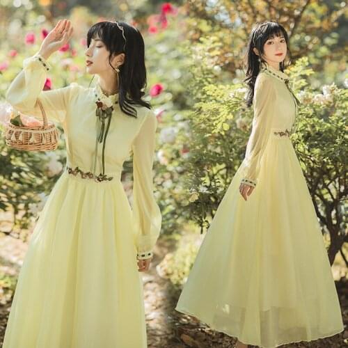 Autumn Sweet Retro Fairy Dress Embroidery High Waist Lantern Sleeve Romantic Chiffon Gentle First Love Vestidos