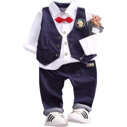 Spring Autumn Children Baby Boys Gentleman Clothes Toddler Vest Bow Shirt Pants Tie 3pcs/Sets Infant Clothing Kids Leisure Suits
