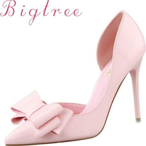 Female Elegant Red Pumps Women Pointed Toe Thin Heels Sweet Butterfly-Knot Ladies Wedding Shoe