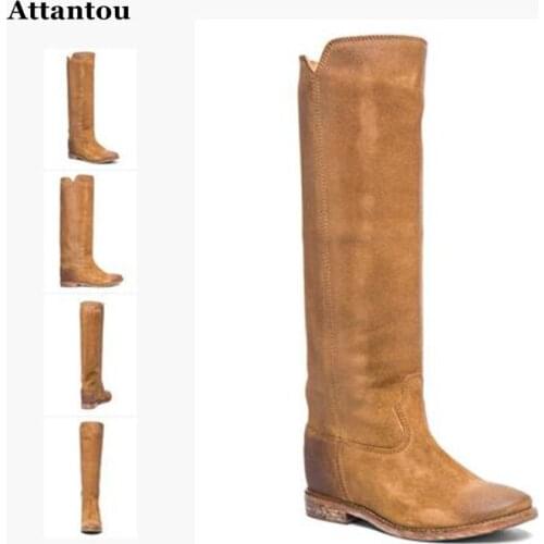 2017 Women Fashion Knee High Boots Suede Leather Long Booties Flat Heel Warm Boots Women Dress Shoes Point Toe Gladiator Bota