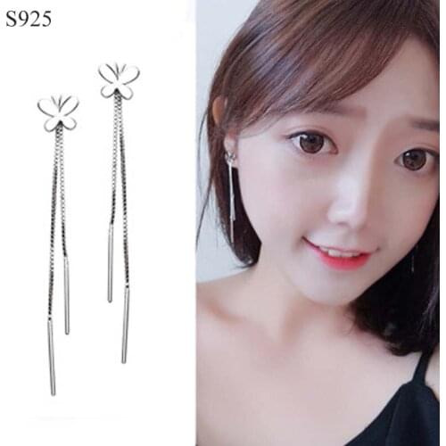 Genuine Real Pure Solid 925 Sterling Silver Long Dangle Earrings for Women Jewelry Butterfly Female Earrings Friend Gift