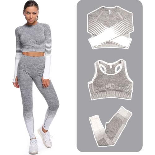 S-XL Seamless Yoga Set Women Gym Clothing Sportswear Fitness Long Sleeve Crop Top Sports Bra High Waist Leggings Workout Set