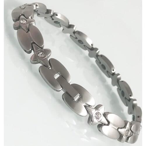 Womens CZ Cross Stainless Steel Wrist Bracelet Health Benefits Therapy Magnetic Hand Chain Elegant Ladies Pulsera Jewelry Gifts