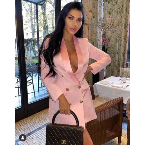 Womens Denim Pink Denim Blazer Suit Slim Double-Breasted Button Long Sleeve Jacket Fashion Notched Collar Ladies Blazer Jacket