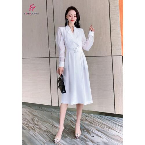 2021 spring dress temperament suit collar design with waist belt to close the waist and knee-length Dresses for women
