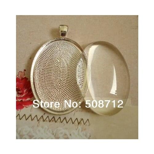 30sets 30x40mm Silver Plated Oval Pendant Tray Blanks / Pendant Settings with Matching Glass Cabochons