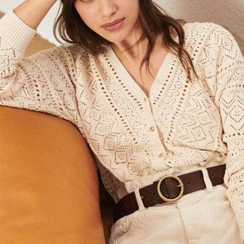 Hollow Out Knitting Sweater Jumper Beige V Neck Buttons Up Long Sleeve Loose Casual Sweater Crochet Vintage Knitwear Jumper