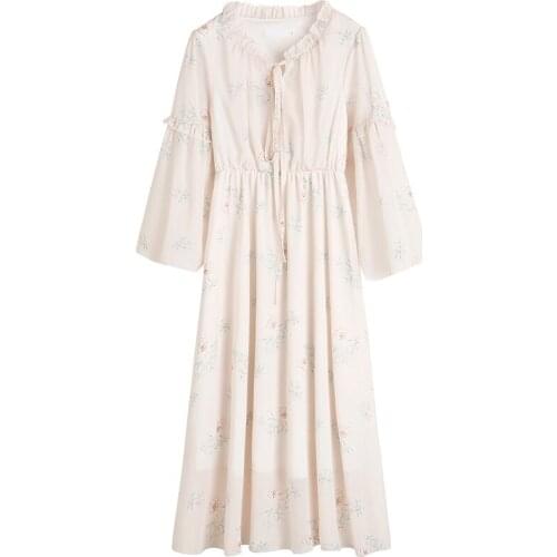PERHAPS U White Floral Print Chiffon O Neck Ruffle Lace Up Flare Sleeve Full Long Sleeve Midi Dress D0486