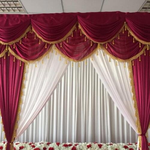 Fancy free shipping 3mH*3mW ice silk white curtain wonderful wine red swags and drapes with gold tassels backdrop for wedding