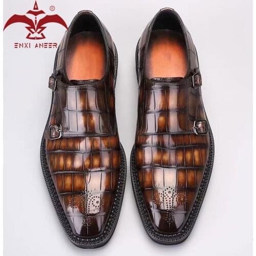 Big Men Shoes! 100% Handmade Cro Crocodile Alligator Shoes Men Monk Shoes Wedding Dress Shoes Custom Make Brown Color
