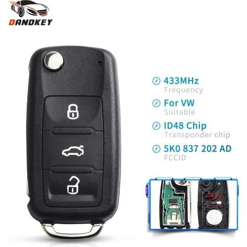 Dandkey 434MHz ID48 Chip For VW 5K0837202AD 3 Buttons Car Remote Key Fit For Volkswagen Polo Passat Beetle Eos Golf Jetta Tiguan