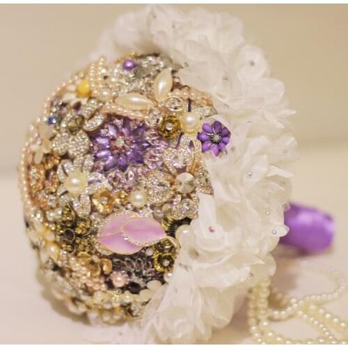 Purple brooch bouquet Bridal crystal Wedding Bouquet custom made Creative White silk flower Bride 's bouquets