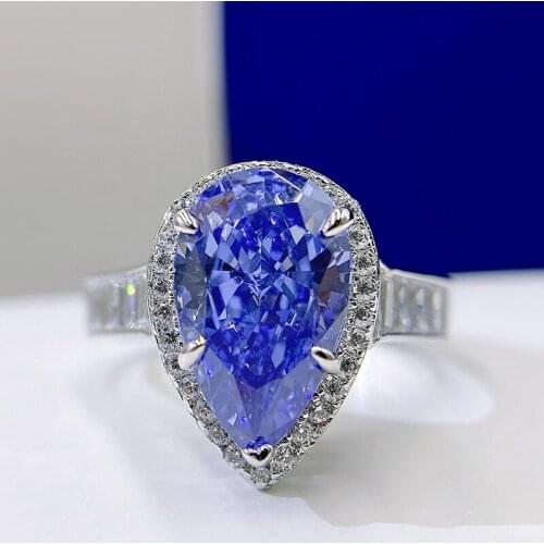925 Sterling Silver 8*13mm Water Drop Blue High Carbon Diamond Wedding Cocktail Drop Rings finger for Women Fine Jewelry Gift