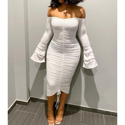 Summer Women Ruched Sheath Dress 2021,Fashion Sexy Slim\tAdults Off-shoulder Solid Color Boat Neck Flare Sleeve with Drawstring