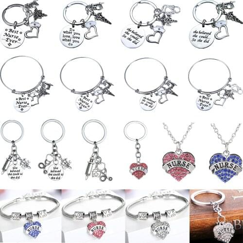 Nurse Keychain Stainless Steel Rhinestone Crystal Heart Nurse Pendant Necklace Graduation Medical Syringe Bracelet Bangle Charm