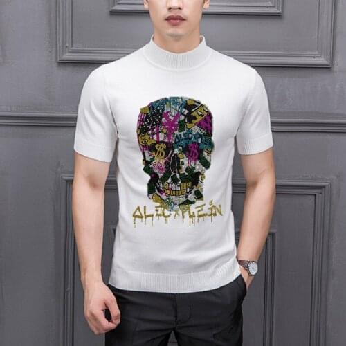 Mens Fashion, Handsome, Popular Skull Hot Rhinestone Plus Size Knitted T-Shirt Sweater Youth Short Sleeve