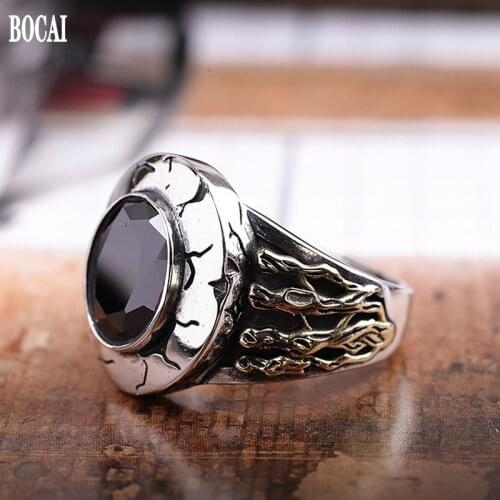 BOCAI New S925 pure silver jewelry natural black agate individual vintage Thai silver mens ring