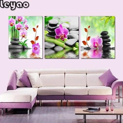 5D Diy Square Diamond Painting orchid cross-stitch Kits Mosaic Painting Bamboo Black Spa Zen Stone 3 pcs Pictures Embroidery art