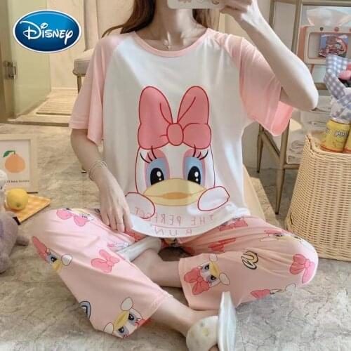 Cartoon Mickey Minnie print ladies pajamas short-sleeved trousers spring and summer new milk silk girl pajamas womens suit