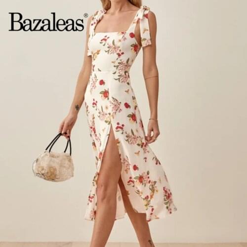 Bazaleas Women Midi Dress Chic yellow Floral Print Dress Retro Dresses Sexy side open Vestidos Vintage Tube Top